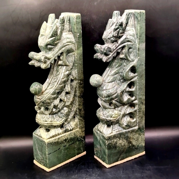 Vintage Pair Hand Carved Solid Genuine Green Jade Dragon Bookends - 10" Tall - Picture 2 of 15